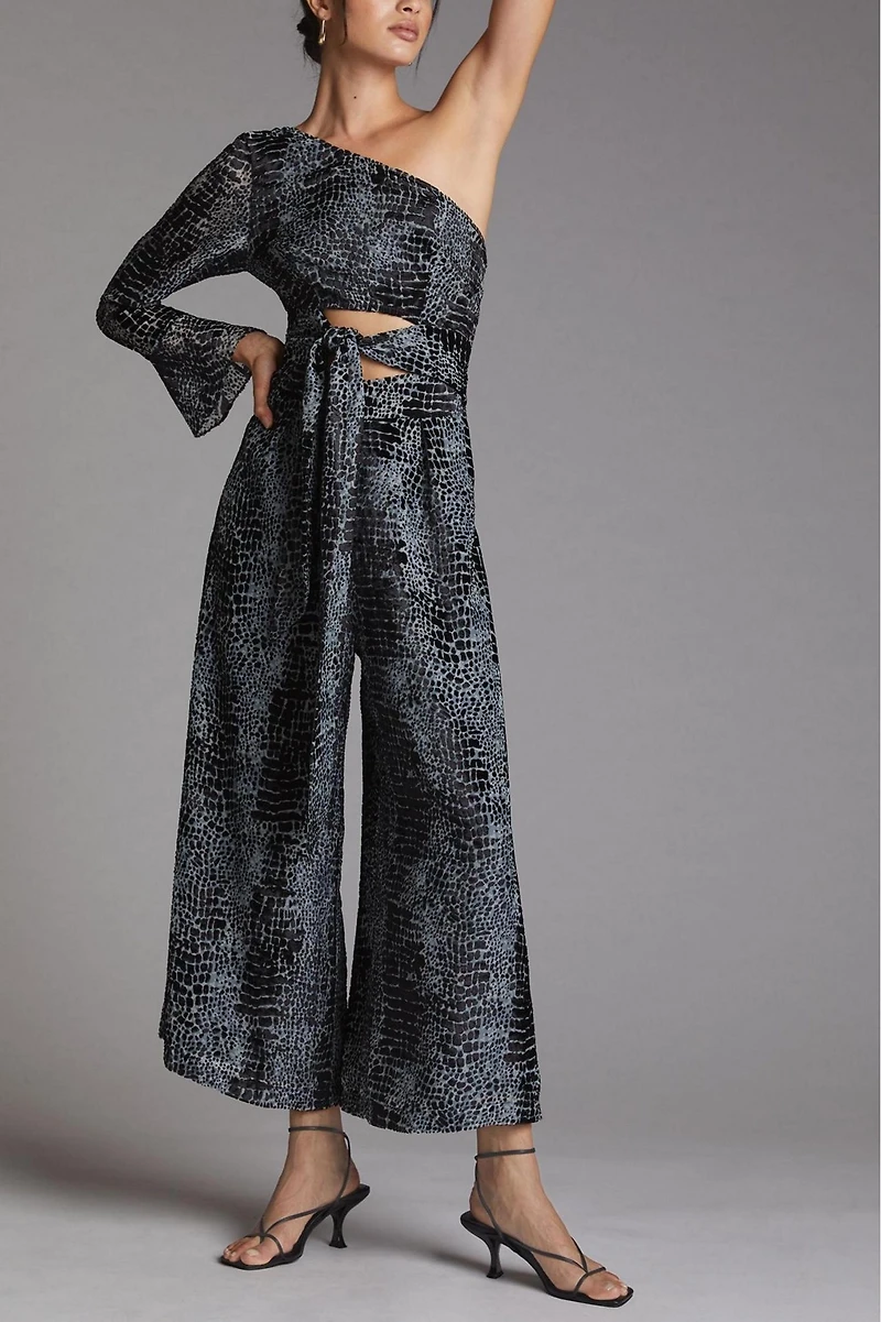 Geisha Designs One-Shoulder Burnout Velvet Jumpsuit