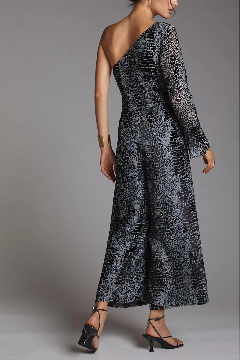 Geisha Designs One-Shoulder Burnout Velvet Jumpsuit