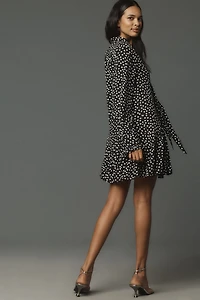 Long-Sleeve Tie-Neck Swing Mini Dress