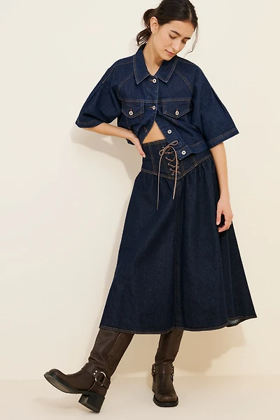 Pilcro Denim Lace-Up Drop Waist Midi Skirt