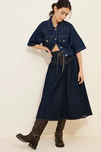 Pilcro Denim Lace-Up Drop Waist Midi Skirt