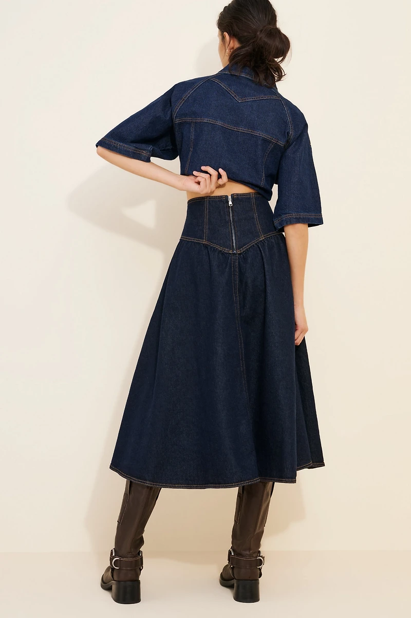 Pilcro Denim Lace-Up Drop Waist Midi Skirt