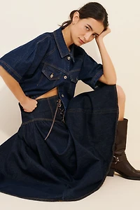 Pilcro Denim Lace-Up Drop Waist Midi Skirt