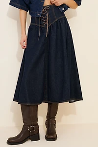 Pilcro Denim Lace-Up Drop Waist Midi Skirt