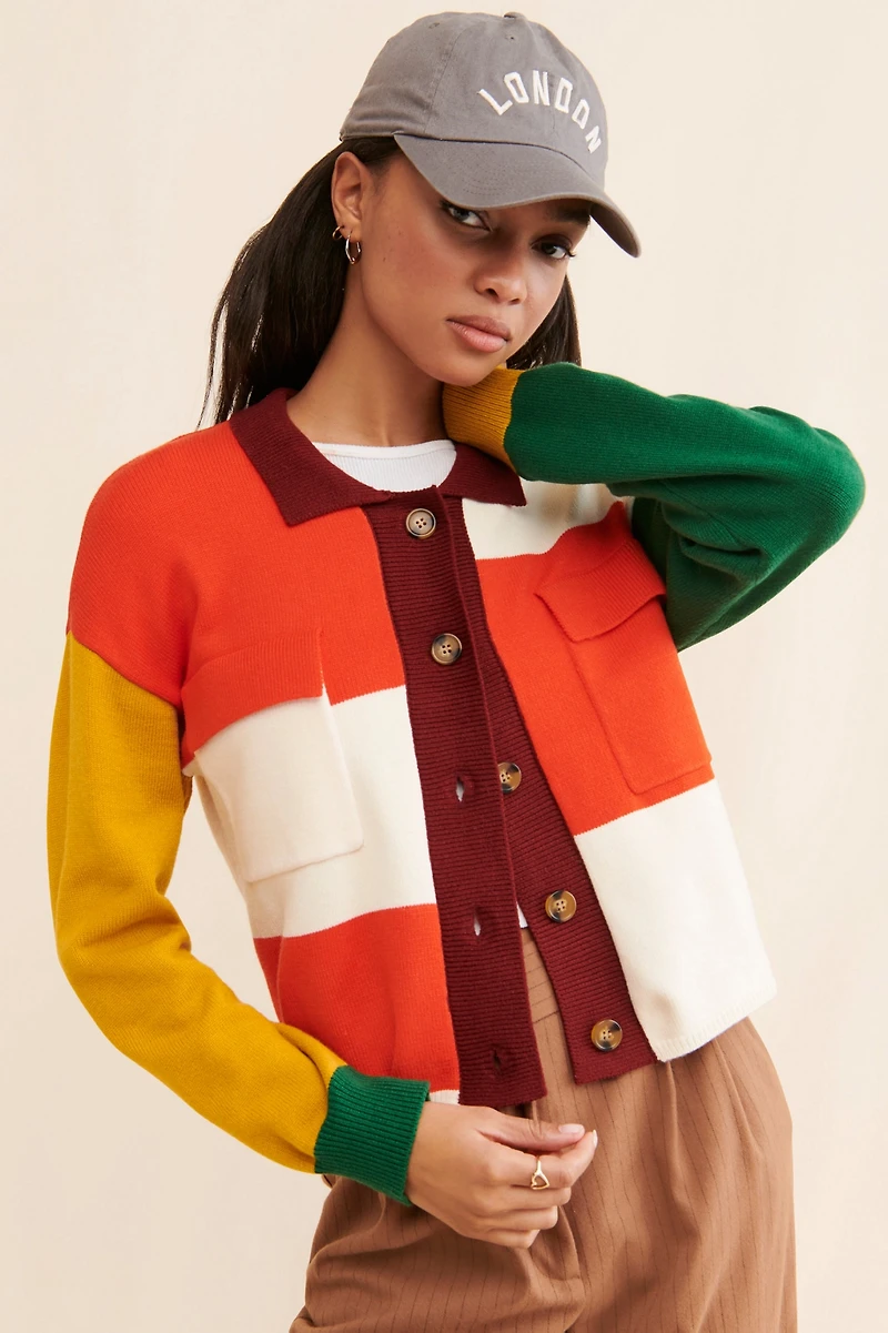 Flat White Colorblock Structured Cardigan