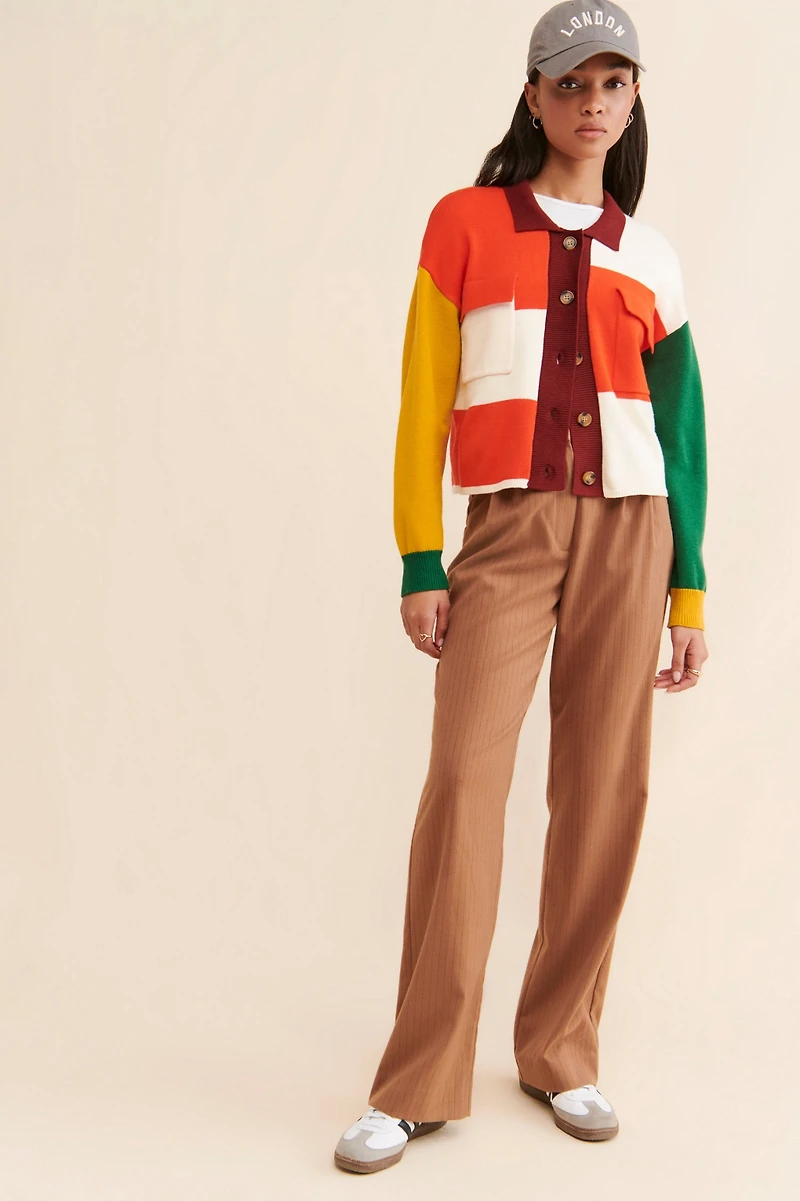 Flat White Colorblock Structured Cardigan