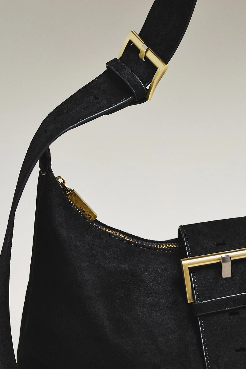 Faux Suede Big Buckle Slouchy Shoulder Bag