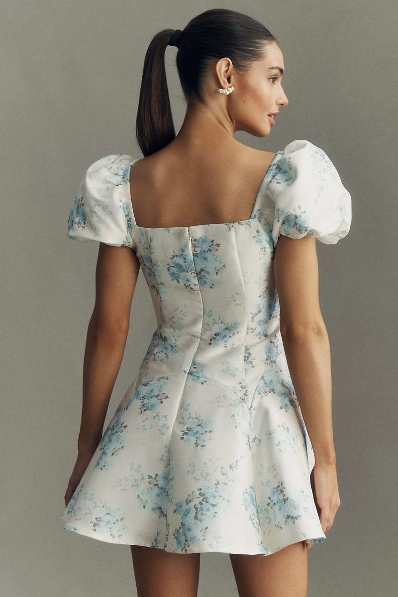 BHLDN Puff-Sleeve Printed Dupioni Fit & Flare Mini Dress