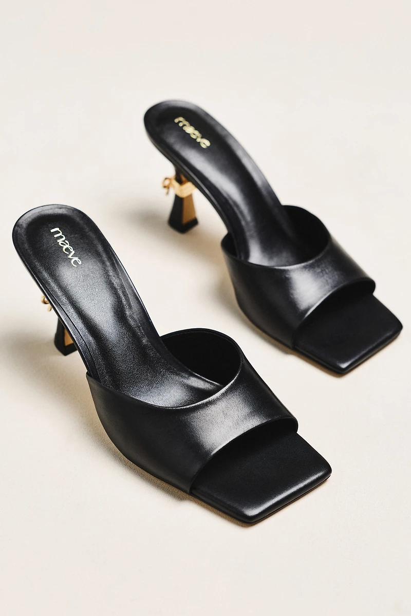 Maeve Metal Bow Open-Toe Mule Heels