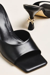 Maeve Metal Bow Open-Toe Mule Heels