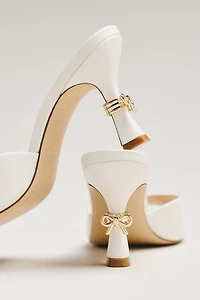 Maeve Metal Bow Open-Toe Mule Heels