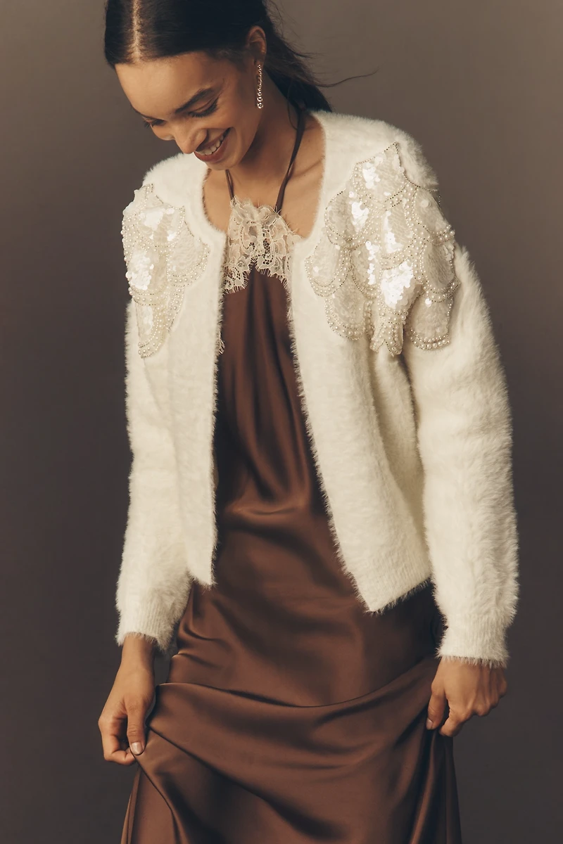 By Anthropologie Pearl Embroidered Fuzzy Cardigan Sweater