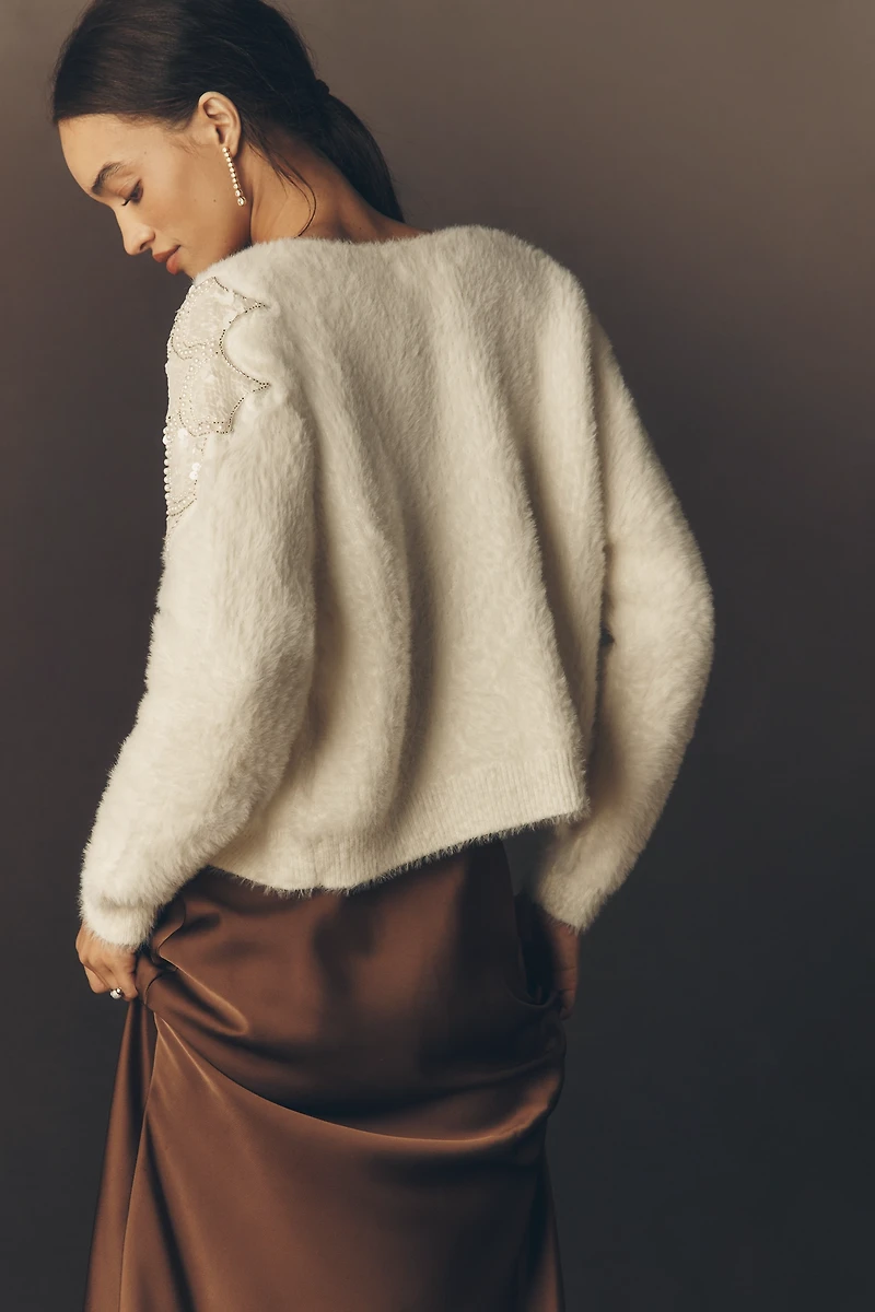 By Anthropologie Pearl Embroidered Fuzzy Cardigan Sweater