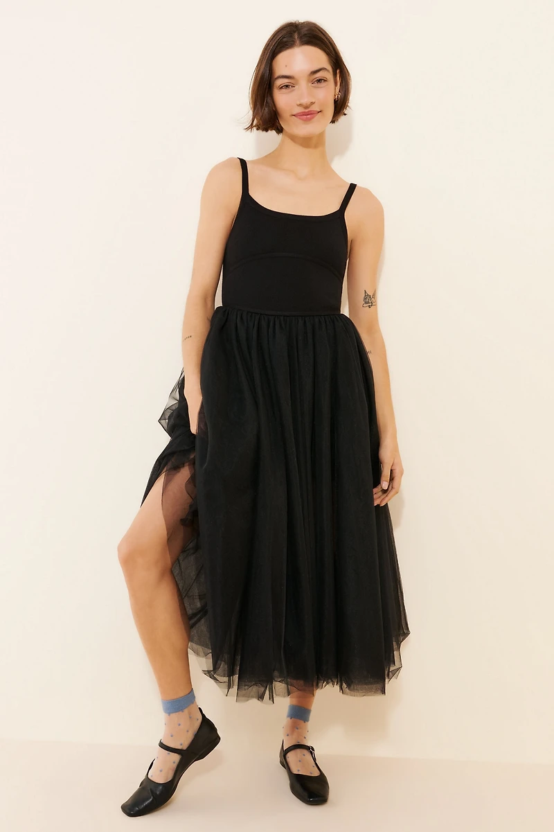 Moon River Bare V-Neck Twofer Midi Dress