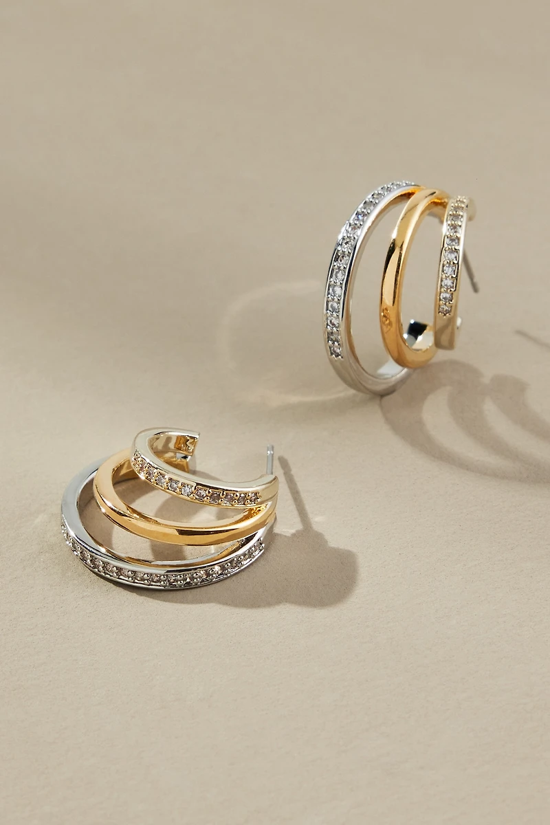 Mixed Metal Crystal Huggie Hoop Earrings