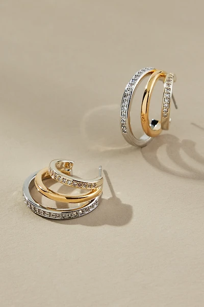 Mixed Metal Crystal Huggie Hoop Earrings