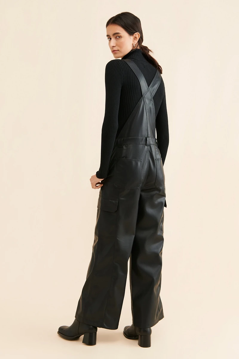 Hudson Utility Vegan Leather Wide-Leg Overalls