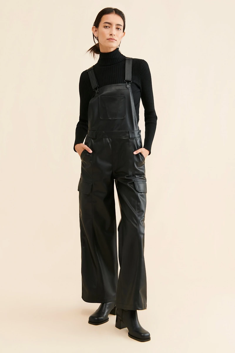 Hudson Utility Vegan Leather Wide-Leg Overalls