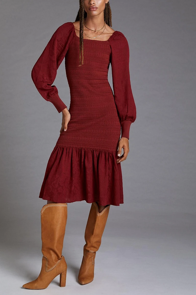 Smocked Puff-Sleeved Midi Dress