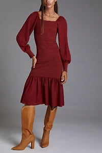 Smocked Puff-Sleeved Midi Dress