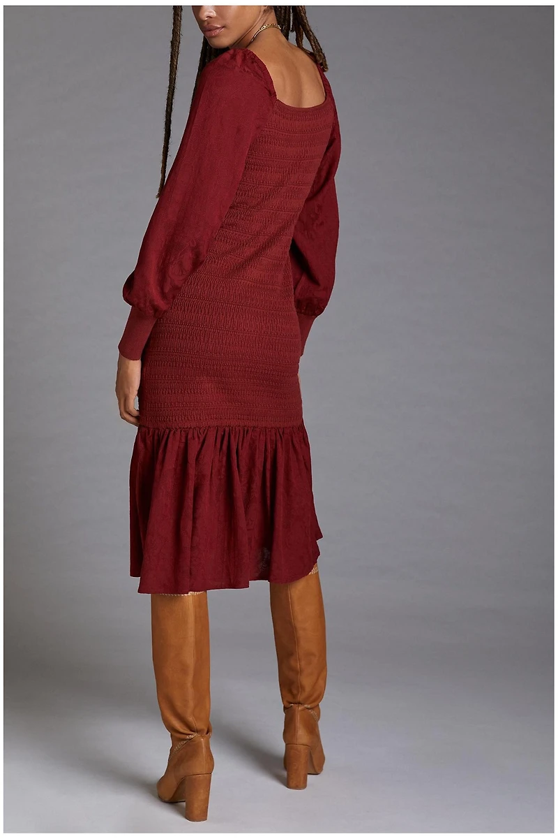 Smocked Puff-Sleeved Midi Dress