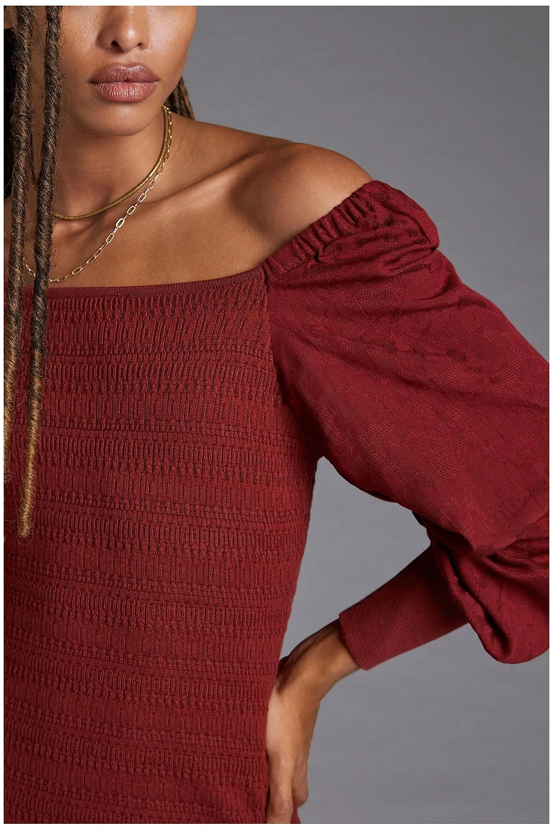 Smocked Puff-Sleeved Midi Dress