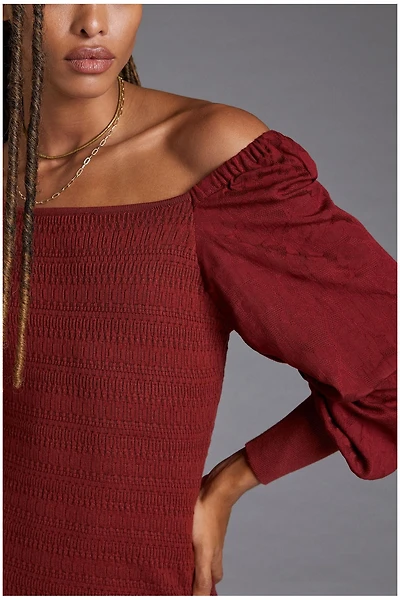 Smocked Puff-Sleeved Midi Dress
