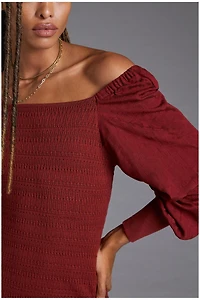Smocked Puff-Sleeved Midi Dress