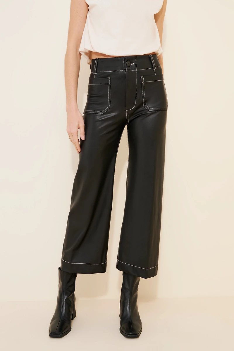 Maeve The Colette Cropped Wide-Leg Pants: Vegan-Leather Top-Stich Edition