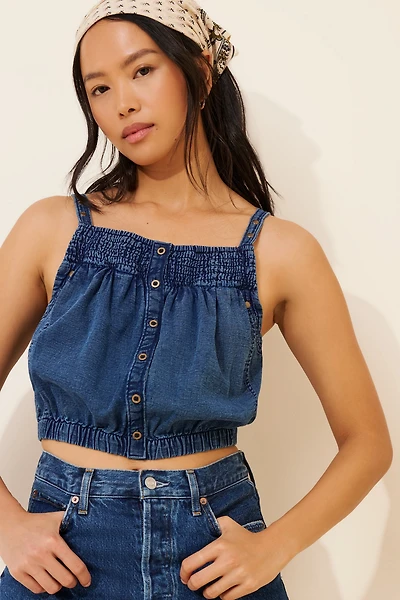 Pilcro Chambray Button-Front Bubble-Hem Top