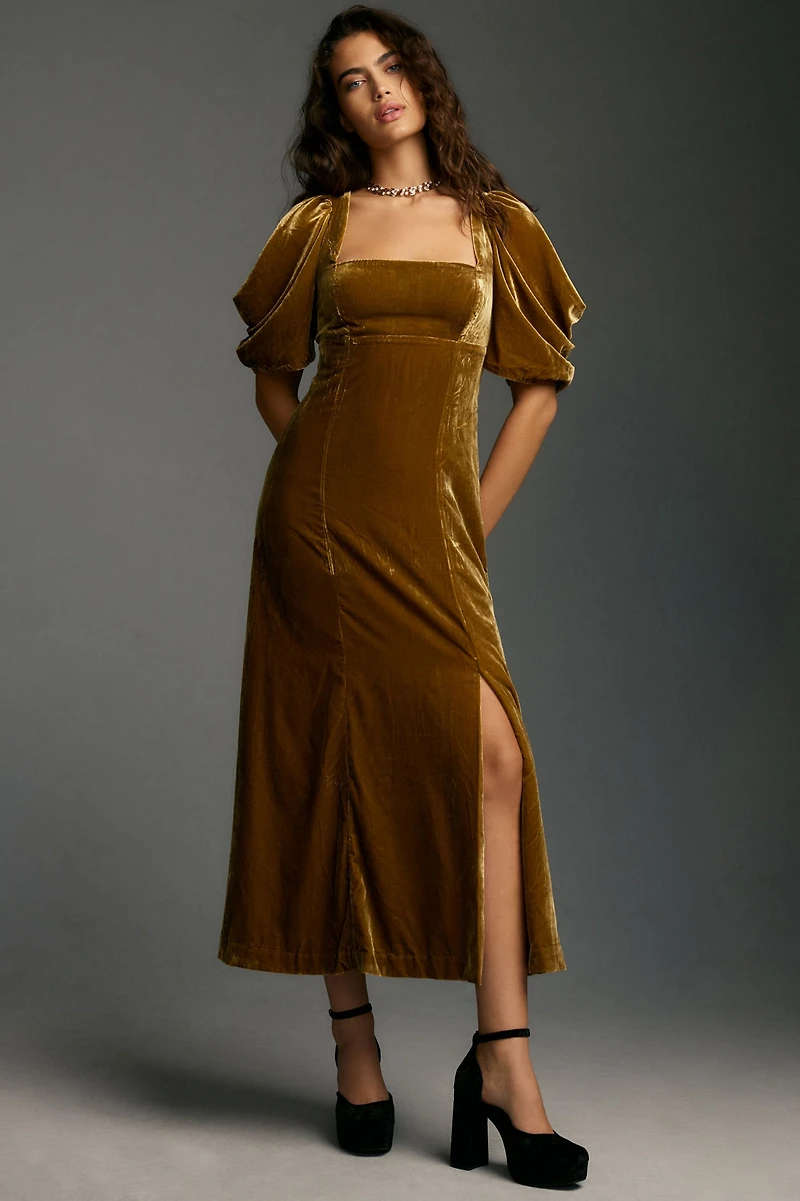 Short-Sleeve Square-Neck Velvet Midi Dress