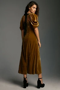 Short-Sleeve Square-Neck Velvet Midi Dress