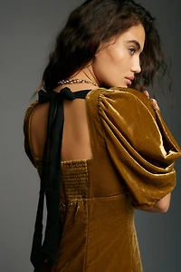 Short-Sleeve Square-Neck Velvet Midi Dress