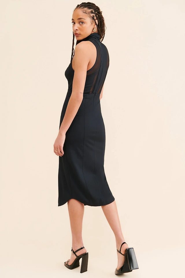 green emerald velvet dress By Anthropologie Sleeveless Draped-Back Asymmetrical Slip Midi Dress –  katie + hubbell main image 1