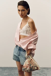 Mesh Floral Ruffle Tote Bag