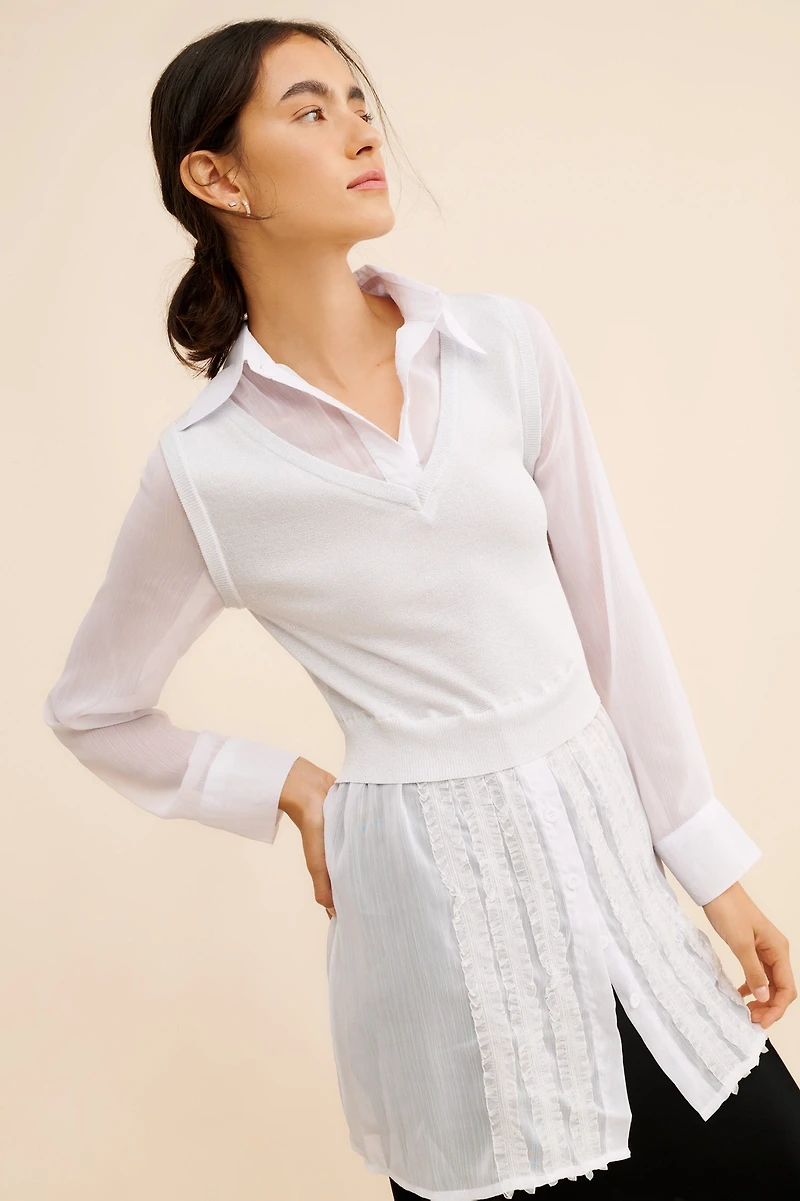 Dot and Lu Twofer Knit Vest Chiffon Top