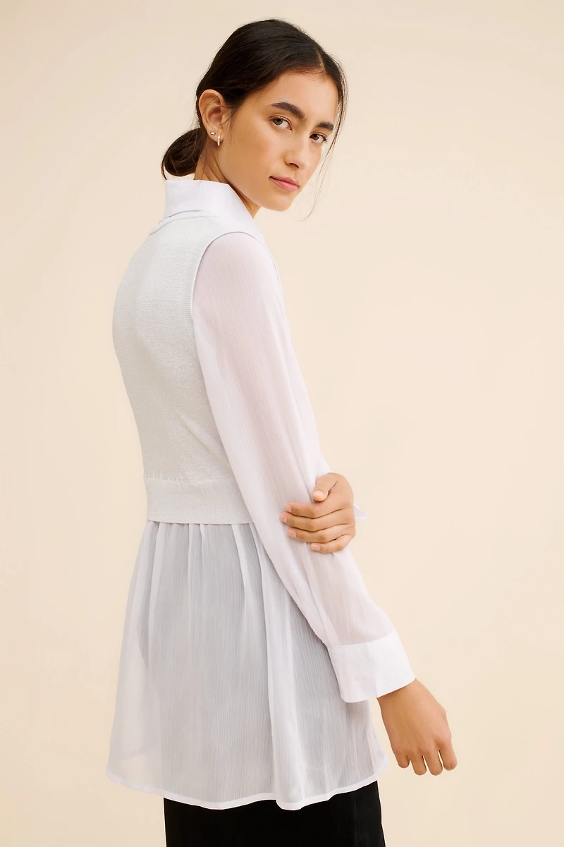 Dot and Lu Twofer Knit Vest Chiffon Top