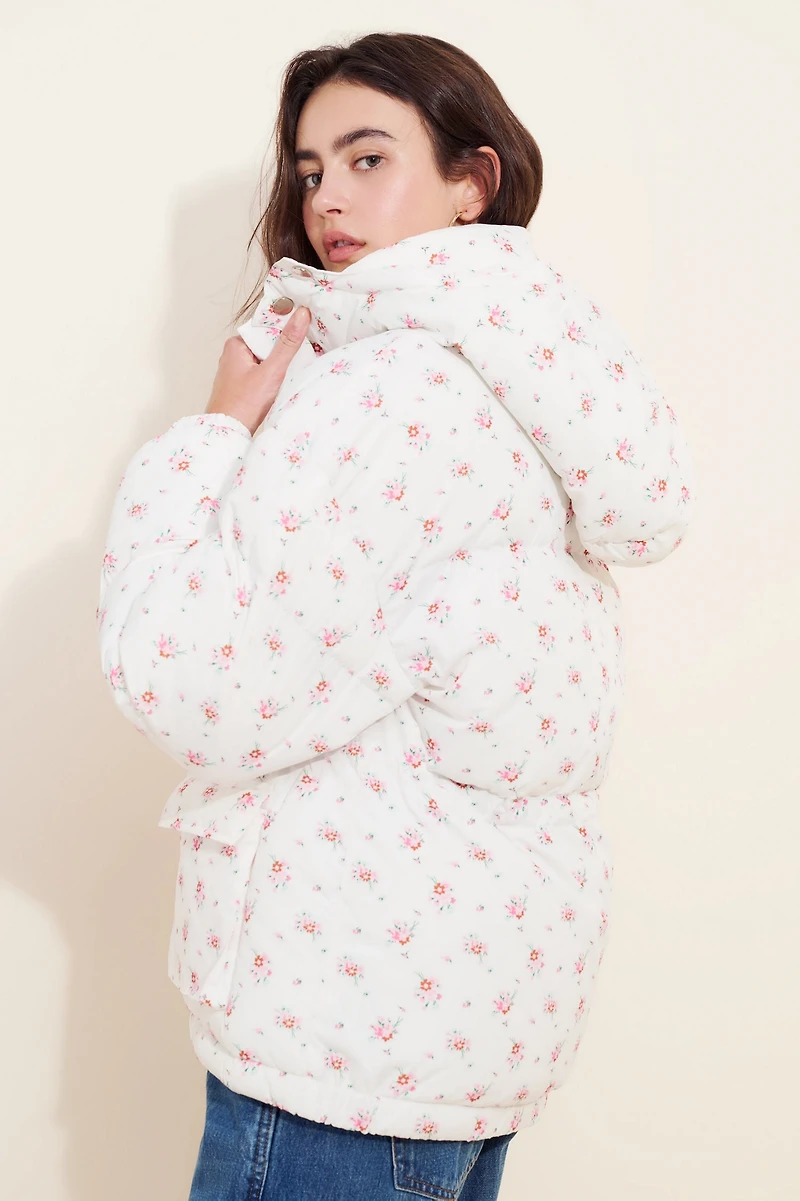 Flat White Floral Hooded Puffer Jacket