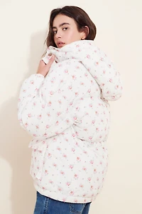 Flat White Floral Hooded Puffer Jacket