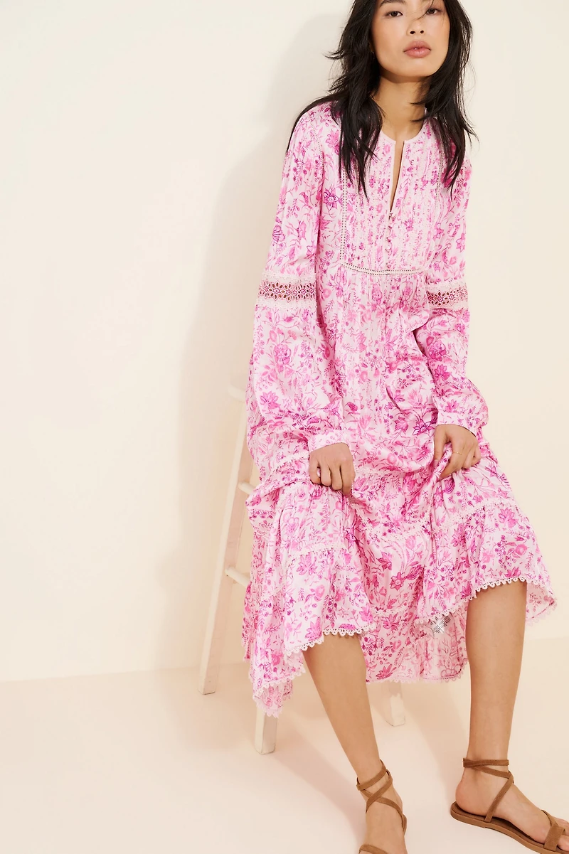 Payal Jain Floral Cotton Blend Long Sleeve Midi Dress