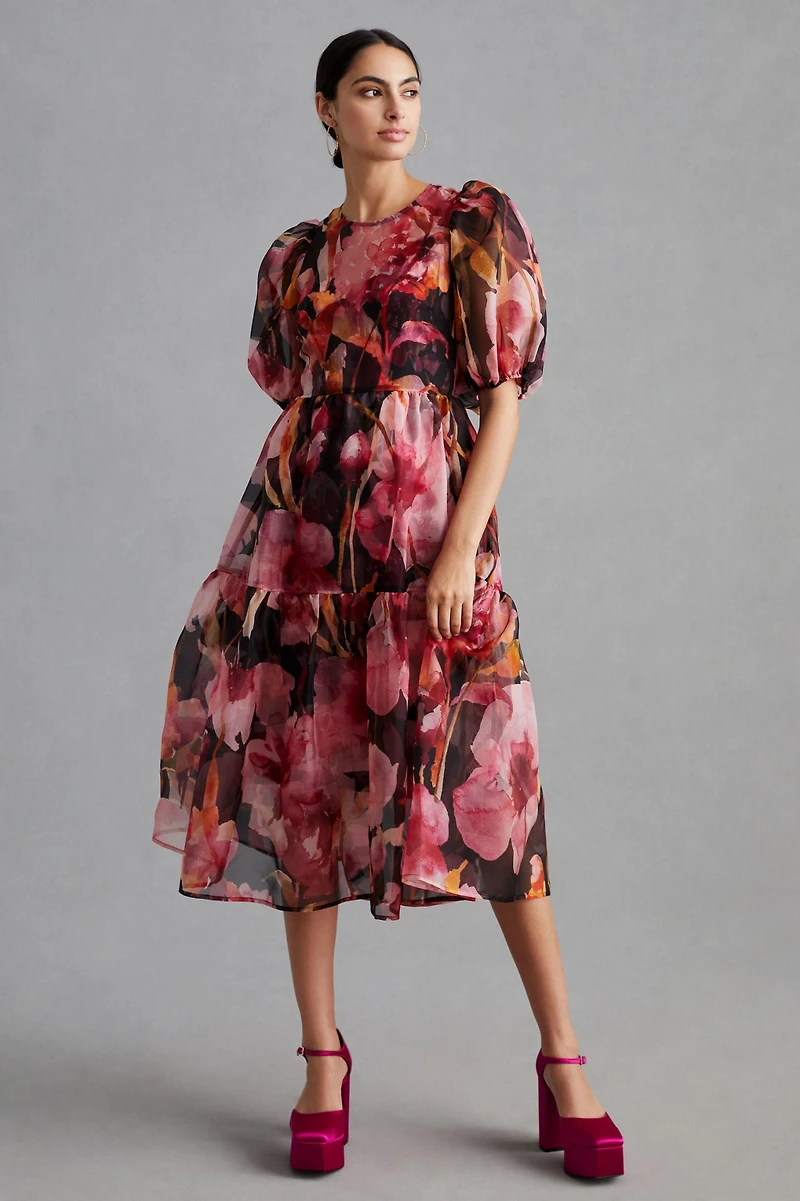 Puff-Sleeve Organza Midi Dress