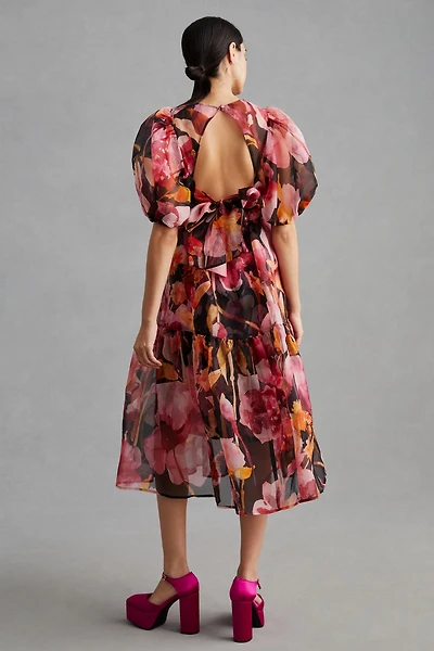 Puff-Sleeve Organza Midi Dress