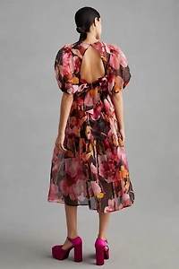 Puff-Sleeve Organza Midi Dress