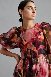 Puff-Sleeve Organza Midi Dress