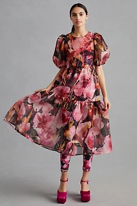 Puff-Sleeve Organza Midi Dress