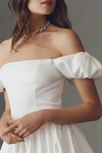 BHLDN Satin Off-Shoulder Bubble-Hem Mini Dress