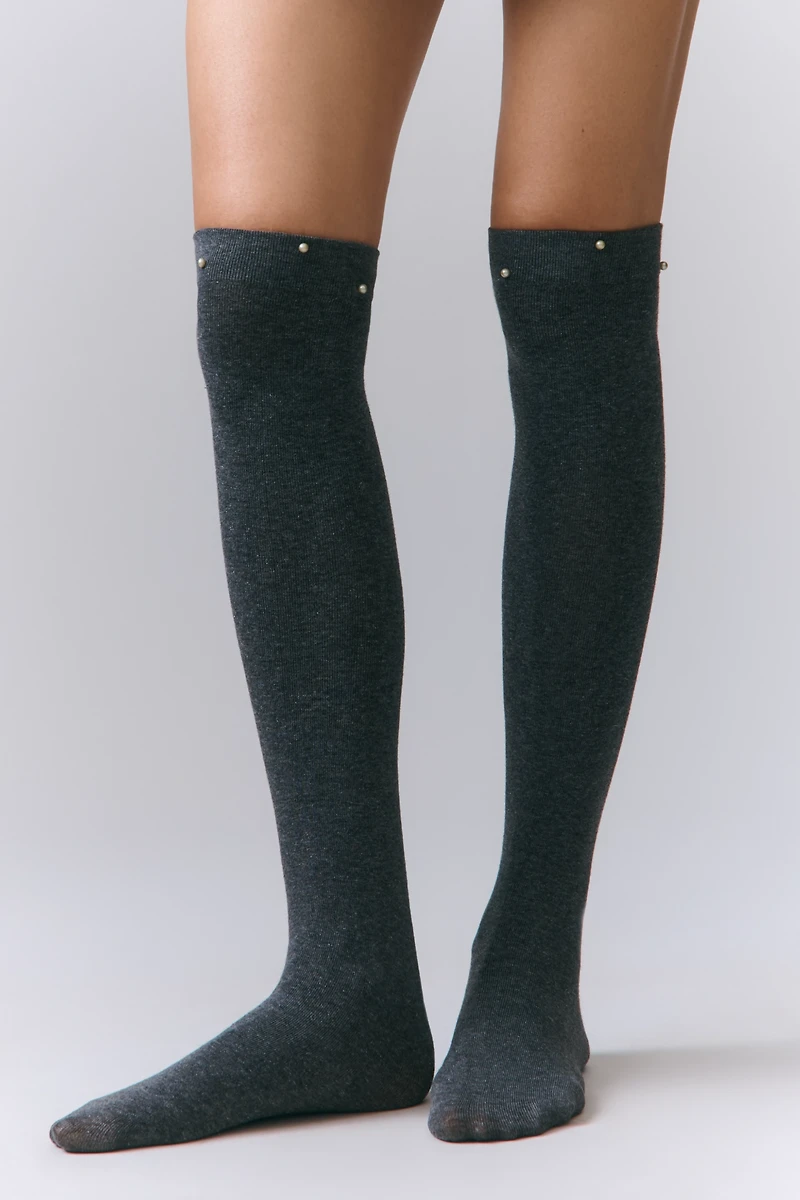 Lemon Pearl-Embellished Over-The-Knee Socks