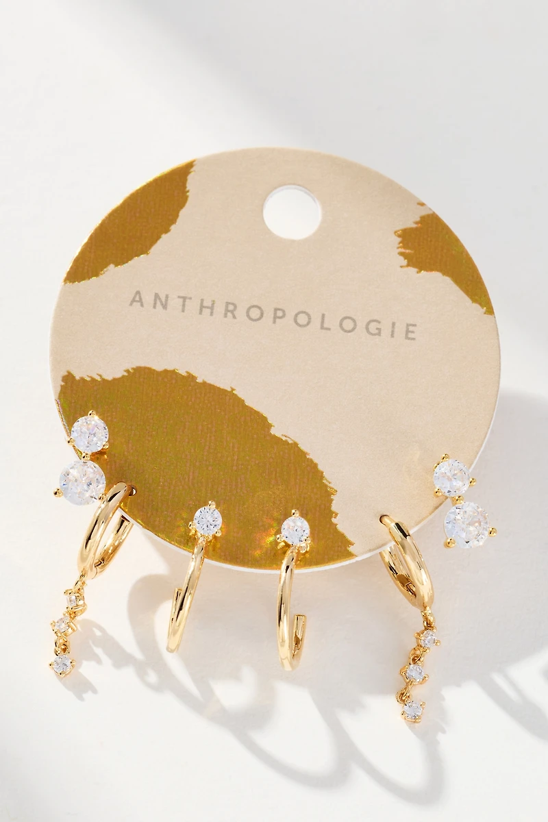 Thin Crystal Drop Earrings, Set of 3