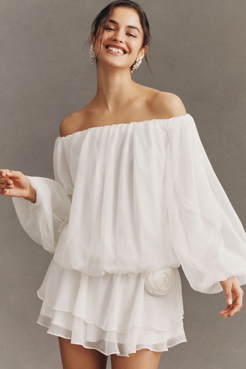 BHLDN Chiffon Off-Shoulder Long-Sleeve Rosette Mini Dress