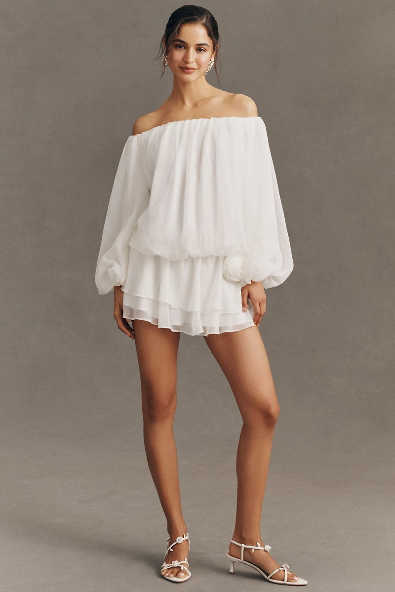 BHLDN Chiffon Off-Shoulder Long-Sleeve Rosette Mini Dress